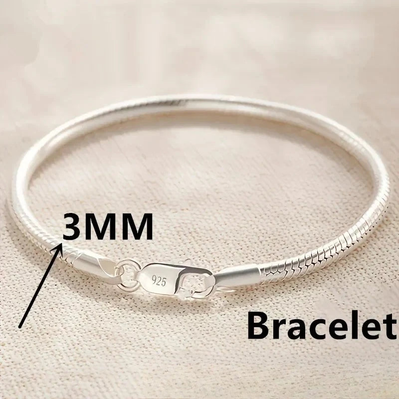 925 Sterling Silver Couple 3/4mm Snake Chain Bracelet Women Luxury Dinner Party Bracelet Jewelry Gift