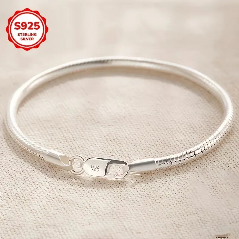 925 Sterling Silver Couple 3/4mm Snake Chain Bracelet Women Luxury Dinner Party Bracelet Jewelry Gift